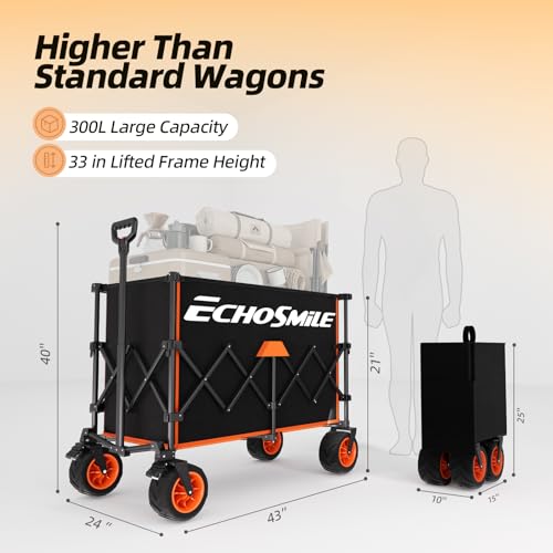 EchoSmile Wagon Carts Foldable Heavy Duty, 500Lbs Wt, 300L Cap, Black&Orange - color: Black&orange