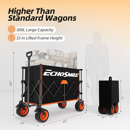 EchoSmile Wagon Carts Foldable Heavy Duty, 500Lbs Wt, 300L Cap, Black&Orange - color: Black&orange