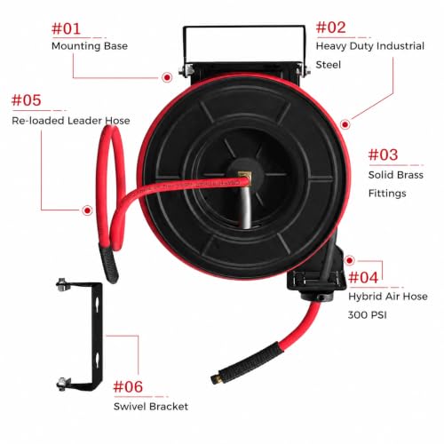 Retractable Air Hose Reel 50 FT | 300 PSI Air Compressor Hose Reel | 3/8 Hybrid Polymer Hose | Heavy-Duty Steel Wall Mount Swivel Bracket|Auto Rewind | All-Weather Retractable Air Hose - Red