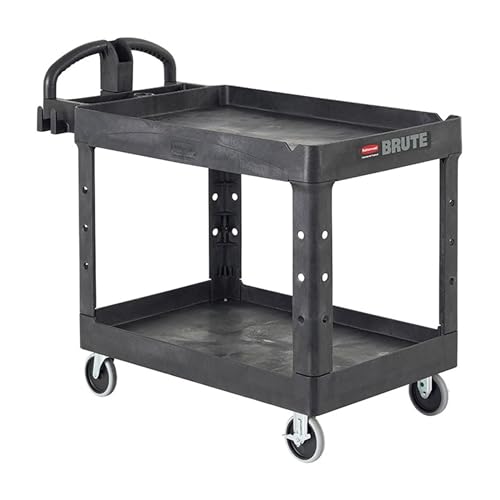 Rubbermaid Commercial Products 2-Shelf Utility/Service Cart, Small, Lipped Shelves, Ergonomic Handle, 500 lbs. Capacity, for Warehouse/Garage/Cleaning/Manufacturing - color: Black, size: Small, style: 2-Shelf