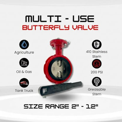 8" Butterfly Valve, Wafer, 200 Psi, Ductile Iron Body, Square Stem 7/8", Red - size: 8 Inch