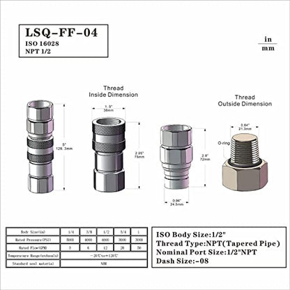 2-Sets 1/2" Skid Steer Bobcat Flat Face Hydraulic Quick Disconnect Coupling NPT1/2 Set Quick Connect Couplers with Black Dust Caps - size: 2-Sets 1/2" NPT