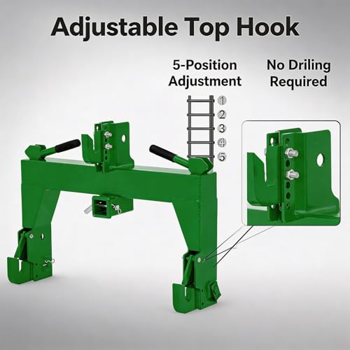3-Point Quick Hitch for Tractors, 28 in Lower Arm Spacing, 3000 Lb Lift Capacity, 5-Position Adjustable Top Hook, Bolt-on No-Weld/No-Drill Adapter, Heavy-Duty 3x3 Steel, Powder-Coated Green - color: Green with Gloves
