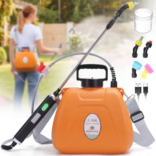 Electric Garden Weed Sprayer 2.1 Gallon, Battery Powered USB Rechargeable Handle w/Indicator, 4 Spray Nozzles, Shut-Off Valve, Retractable Wand, Strap, Auto Pump Plant Mister for Lawn Garden - size: 2.1 Gallon