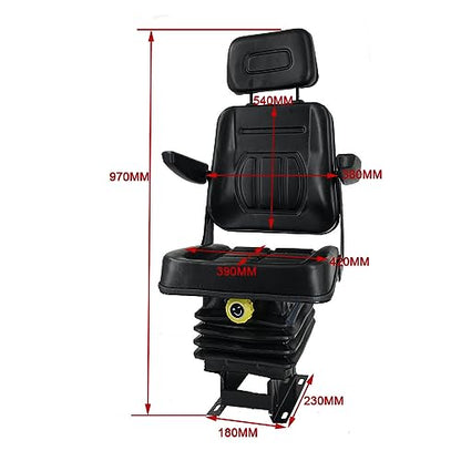 Tractor Suspension Seat, Adjustable Universal Replacement Seat W/Armrest W/Backrest, Compatible with Excavator Skid Loader Dozer (Black)