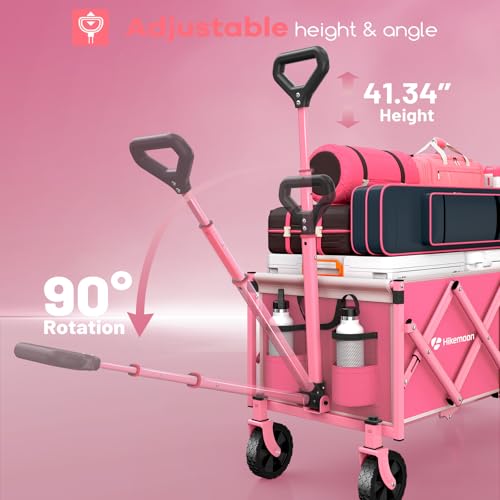 HIKEMOON 34'' Extra Long Folding Portable Wagon Cart, 120L 360LBS Pink - color: Pink