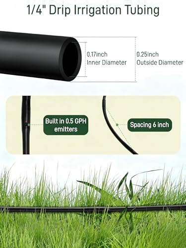 1/4" Drip Irrigation Tubing with 6" Emitter Spacing, (500 Ft Roll) Hydroponics Dripline with Built-in 0.5 GPH Dripper, Drip Line for Irrigation, Garden Beds and Greenhouses (Black) - size: 500FT