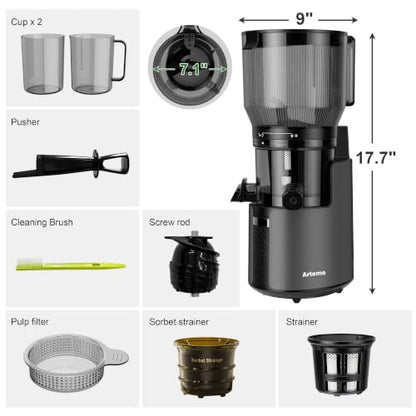 Artemo Cold Press Juicer 7.1" Large Feed Chute, 3-in-1 Cold Press Juicer
