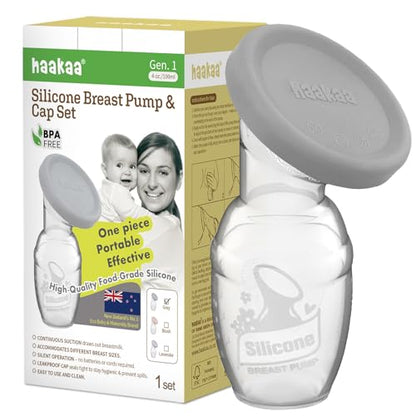 haakaa Manual Silicone Breast Pump with Cap (Grey) 4oz/100ml - color: Gray