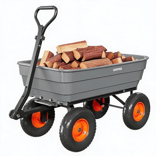 Garvee Poly Garden Dump Cart,1200lbs Wheelbarrow Yard Cart Wagon-Gray - color: Grey+orange, size: Large