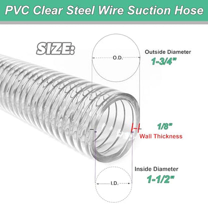 1-1/2"id-50ft PVC Reinforced Tubing Steel Wire Suction Hose Vinyl Tubing - size: 1-1/2"ID, style: 50 feet