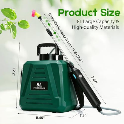 2 Gallon Battery Powered Sprayer,Electric Weed Sprayer 3 Mist Nozzles Yard - color: Green