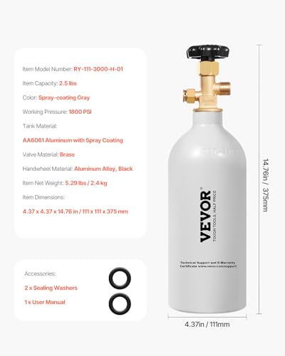 VEVOR CO2 탱크, 1.1kg(2.5파운드) 새로운 알루미늄 합금 실린더, 라이트 그레이 스프레이 코팅이 된 CO2 에어 탱크, CGA320 밸브 및 조절 가능한 압력, 생맥주 디스펜싱 및 소다 메이커용 DOT 승인 실린더 - size: 2.5 lbs