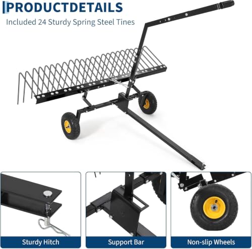 60 Inch Tow Behind Lawn Dethatcher, Tow Behind Steel Pine Straw Rake - color: Black