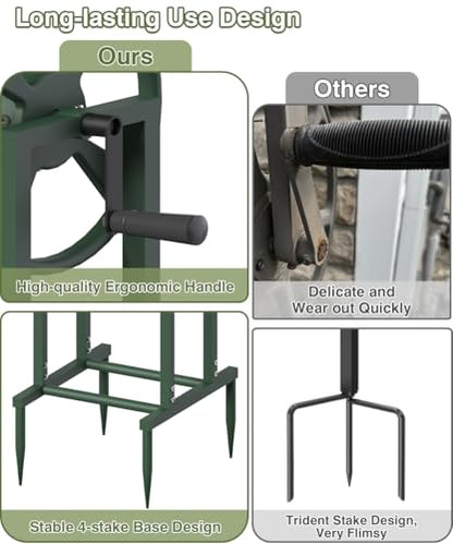 Freestanding Garden Hose Reel holds 125ft Hose of 5/8" with 4 Hooks, 4-Spike Outdoor Hose Holder with 3.9ft Leader Hose & Brass Fitting, Detachable Metal Hose Stand with Storage Rack, Green - color: Green