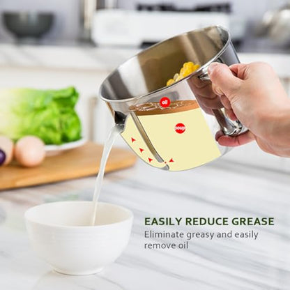 Stainless Steel Fat Separator Gravy Boat 1L/4 Cup with Strainer & Glass Lid