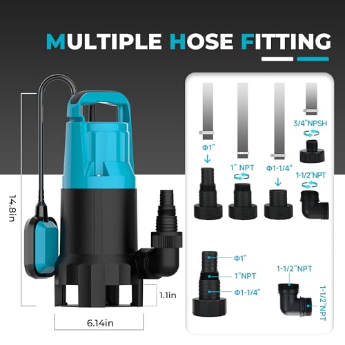 1.3HP Sump Pump 5280GPH Submersible Water Pump with Float Switch - color: Light Blue