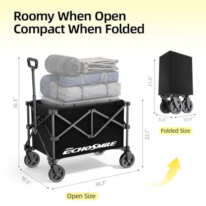 EchoSmile Easy Collapsible Wagon Cart, Folding for Grocery & Camping, Black - color: Black