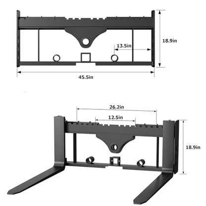 Skid Steer Pallet Fork Frame Attachment, 42" Fork & 45" Frame, 2500lbs Capacity, 2" Receiver Hitch & 3 Spear Sleeves, Quick Attach Frame for Kubota & Compact Loader Loaders, Heavy Duty