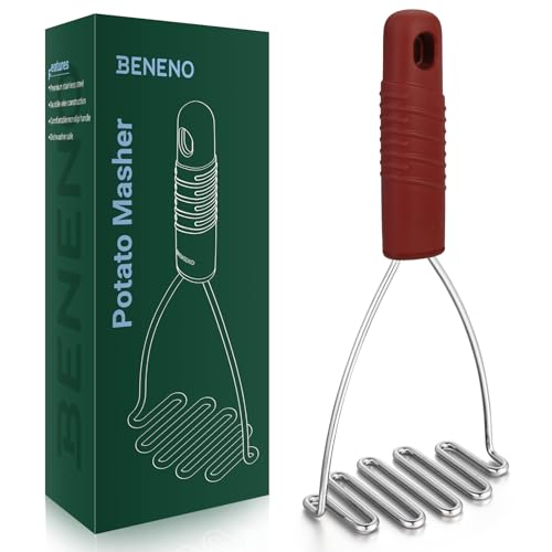 Beneno Ergonomic Soft Grip Stainless Steel Potato Masher, Black - color: Red