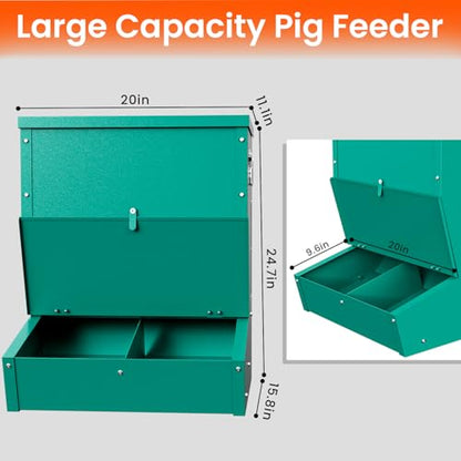 2-Door Heavy Duty Galvanized Steel Hog Feeder, 3.7 Bushel Capacity, Outdoor Pig Feeding Station with Visible Monitoring Window, Durable Livestock Feeder for Farm and Barn (Green)