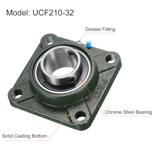 uxcell 2pcs UCF210-32 Pillow Block Bearings 2 inch Bore Self Alignment, Solid Cast Iron Base Square Flange Mounted Chrome Steel Bearings - size: UCF210-32