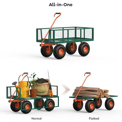 500 LBS Steel Garden Cart, Garden Wagon Cart Pullable on Wheels, Yard Utility Wagon Carts with 10 in Wheels, Removable Sides & 180° Rotating Handle for Lawn, Farm, Warehouse, Outdoor Use - color: 500 Lbs Green & Orange