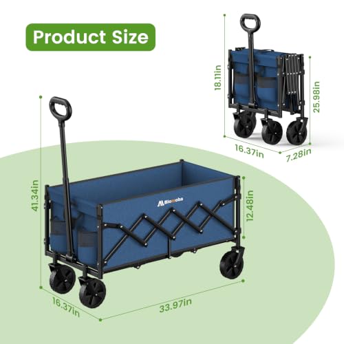 Blomoba 35" Extra Long Folding Wagon with Adjustable Handle & Wheels, Blue - color: Blue