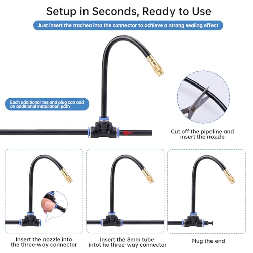 360° Automatic Drip Irrigation Kit - 5/16'' Tubing, Adjustable Universal Spray Nozzle, Copper Atomizing System for Garden/Lawn/Greenhouse - Multi-Directional Rotation, Quick Connectors, 49FT - size: 49FT