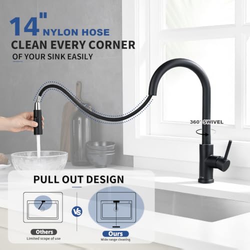 Tohlar Black Kitchen Faucets with Pull Down Sprayer and Deck Plate - color: Matte Black, style: Standard