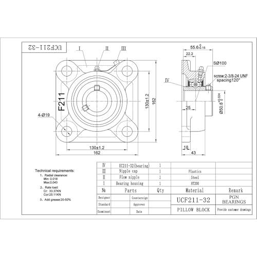 PGN UCF211-32 (1 Pack) Square Flange Bearing 2" Bore - size: 1, style: UCF211-32