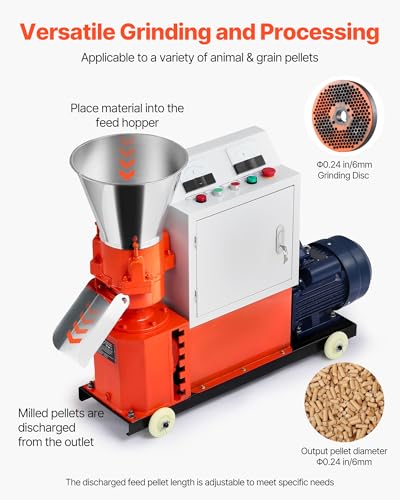 VEVOR Feed Pellet Mill Machine, 6 mm Animal Feed Pellet Making Machine, 3KW 240V Animal Food Granulator Mill Machines with 3 Pressure Rollers & 4 Wheels, Ideal for Poultry, Livestock, Farm Animals - size: 6mm (0.24") grinding disc