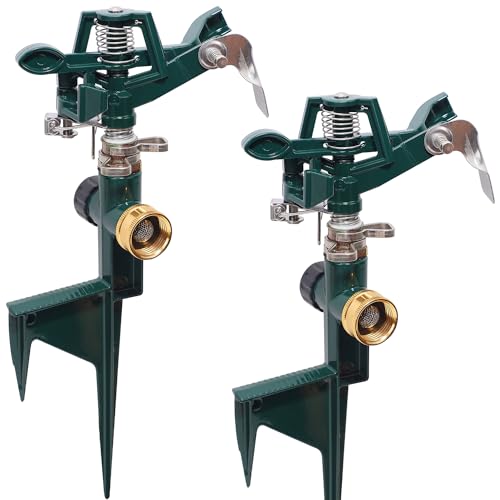 Biswing 2 Pack Impact Sprinkler Head on Metal Step Spike, Heavy Duty Zinc Alloy Lawn Sprinkler, Adjustable Coverage Nozzle on Sturdy Spike Base, 360 Degree Large Area Irrigation, Green - color: Green