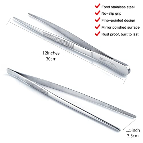 12 Inch Kitchen Tweezers Fine Tweezer Tongs, MSY BIGSUNNY Stainless Steel Food Tweezers Multi-function Precision Serrated Tips Cooking Tongs Kitchen Serving Tong - size: 12" Tweezers