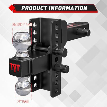 TYT Adjustable Trailer Hitch Ball Mount for 2-Inch Receiver, 12,500 lbs GTW - size: Dual Ball, 6" Drop/Rise, 2" Receiver