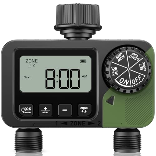 Sprinkler Timer 2 Outlets, Programmable Water Hose Timer with Rain Delay/Manual/Automatic Watering System, Outdoor Digital Auto Irrigation for Garden Yard Lawn with Large Display(Black+Olive Green)