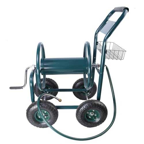 Garden Hose Reel Cart, Portable 4 Wheels Water Hose Reel Cart with Storage Basket, Heavy-Duty Water Hose Holder Trolley for Yard Garden Farm Green As Shown