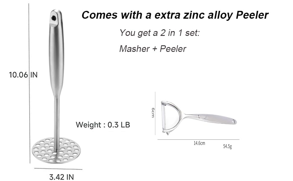 Potato Masher +Peeler 2 in 1 Set 304 Stainless Steel with Ergonomic Handle