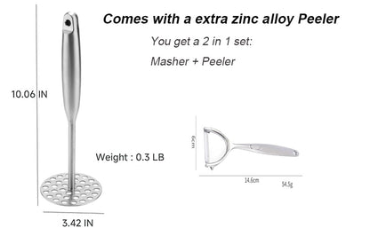 Potato Masher +Peeler 2 in 1 Set 304 Stainless Steel with Ergonomic Handle