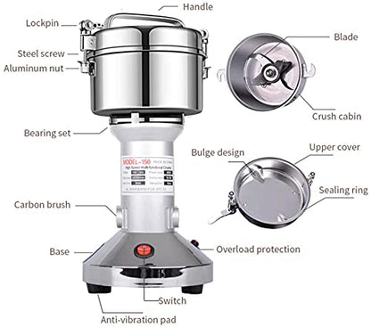 Grain Mill 150g High Speed Food Electric Stainless Steel Grinder Mill Seeds Flour Nut Pill Wheat Corn Herbs Spices & Seasonings Grinder Dry Grain Powder Machine - size: 150 g