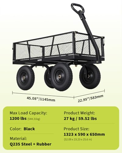 1200LBS Heavy Duty Steel Garden Wagon Cart – 13" All-Terrain Pneumatic Tires – Removable Mesh Sides – 180° Rotating Handle – Outdoor Utility Yard Cart for Lawn, Garden, Landscaping - color: Black