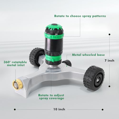 RESTMO Gear Drive Sprinkler with Metal Wheeled Base,Portable Lawn Sprinkler