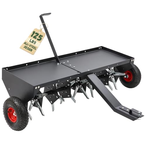Doniks 52-Inch Tow Behind Lawn Plug Aerator with Universal Hitch, Lawn Aerator Tow Behind with 40 Galvanised Steel Tines,Tray and Inflatable Wheels for Gardens, Lawns, Farms - size: 52inch