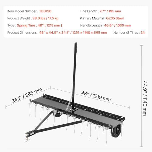 VEVOR Tow Behind Dethatcher, 48-inch Tow Dethatcher with 24 Spring Steel Tines, Lawn Dethatcher Rake for ATV or Mower, Tow Behind Lawn Rake with Lift Handle for Garden Farm Grass - style: 48" ATV Rake