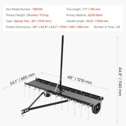 VEVOR Tow Behind Dethatcher, 48-inch Tow Dethatcher with 24 Spring Steel Tines, Lawn Dethatcher Rake for ATV or Mower, Tow Behind Lawn Rake with Lift Handle for Garden Farm Grass - style: 48" ATV Rake