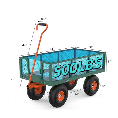 GarveeTech Steel Garden Cart, 500 LBS, 3 in-1 Folding Utility Wagon with Removable Sides, 10 in Tires, 180° Rotating Handle for Outdoor, Farm, Lawn and Garden, Heavy Duty Flatbed, Green & Orange - size: 500 LBS