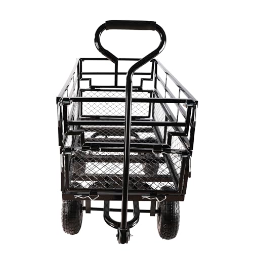 Heavy Duty Garden Wagon with Foldable Sides, Pneumatic Tires, Adjustable Handle (Black Double Layer) - color: Black Double Layer