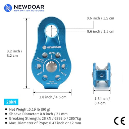 NewDoar Fixed Plate Micro Pulley,28KN CE Certified General Purpose Small Aluminum Rope Pulleys for Climbing/Aloft Work/Rappelling/Rescue Etc - color: One Unit (28KN Pulley Blue)