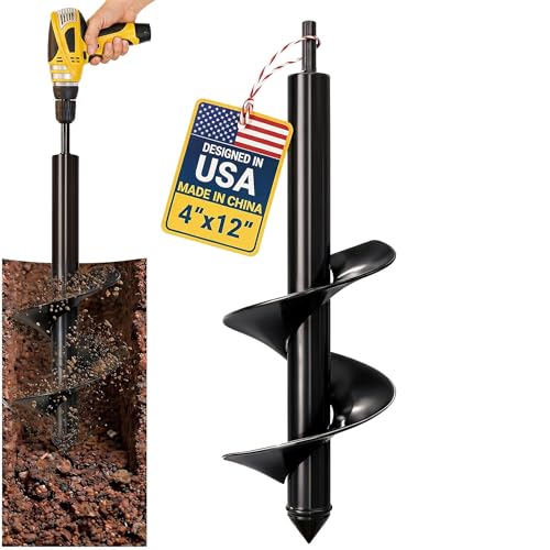Garden Auger Drill Bit for Planting 4" x 12" - 3/8" Hex Drive Compatible | Umbrellas and Fences Auger Post Hole Digger for Gardening and Spiral Bulb Planter Tool - size: 4 x 12 Inch