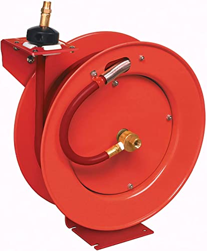 Lincoln 83754 Value Series Air/Water Retractable Hose Reel with 50' x 3/8" Rubber Air Hose, 1/2" NPT, 300 PSI, Slotted Mounting Base, 5-Position Adjustable Outlet Arm, All-steel Construction, Red